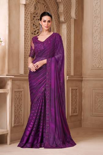 purple satin silk blend georegtte sequince & resham work tussar silk blend designer blouse party wear saree 
