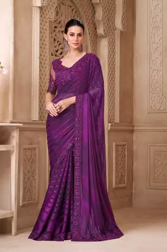 purple satin silk blend georegtte sequince & resham work tussar silk blend designer blouse party wear saree 