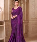 purple satin silk blend georegtte sequince & resham work tussar silk blend designer blouse party wear saree 
