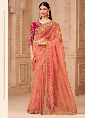 coral tissue oraganza sequince & thread work brocade silk blend designer blouse party wear saree  1