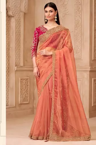 coral tissue oraganza sequince & thread work brocade silk blend designer blouse party wear saree 