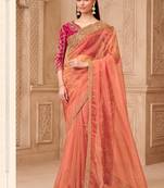 coral tissue oraganza sequince & thread work brocade silk blend designer blouse party wear saree 