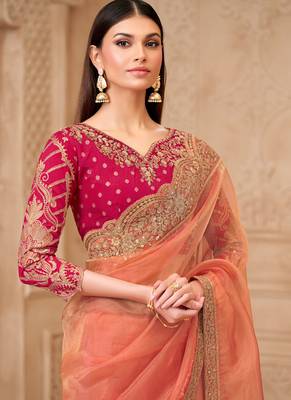 coral tissue oraganza sequince & thread work brocade silk blend designer blouse party wear saree  2