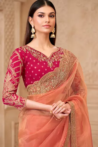 coral tissue oraganza sequince & thread work brocade silk blend designer blouse party wear saree 