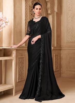 black satin georegtte sequince & reasham work silk blend with net jacket designer blouse party wear saree  1