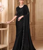 black satin georegtte sequince & reasham work silk blend with net jacket designer blouse party wear saree 