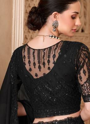 black satin georegtte sequince & reasham work silk blend with net jacket designer blouse party wear saree  2