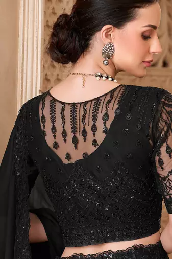 black satin georegtte sequince & reasham work silk blend with net jacket designer blouse party wear saree 