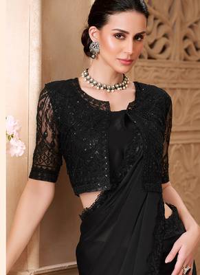 black satin georegtte sequince & reasham work silk blend with net jacket designer blouse party wear saree  3