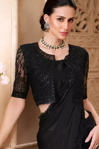 black satin georegtte sequince & reasham work silk blend with net jacket designer blouse party wear saree 