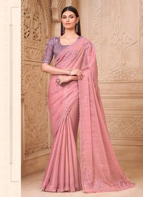 baby pink crush satin georegtte sequince & reasham work satin silk blend designer blouse party wear saree  1