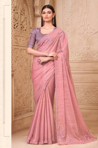 baby pink crush satin georegtte sequince & reasham work satin silk blend designer blouse party wear saree 