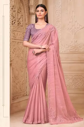baby pink crush satin georegtte sequince & reasham work satin silk blend designer blouse party wear saree 