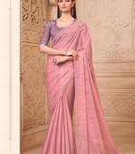 baby pink crush satin georegtte sequince & reasham work satin silk blend designer blouse party wear saree 