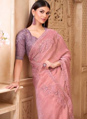 baby pink crush satin georegtte sequince & reasham work satin silk blend designer blouse party wear saree  2