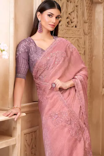 baby pink crush satin georegtte sequince & reasham work satin silk blend designer blouse party wear saree 