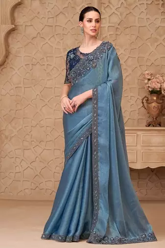sky blue satin crush georgette sequince & reasham work tussar silk blend net designer blouse party wear saree 