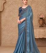 sky blue satin crush georgette sequince & reasham work tussar silk blend net designer blouse party wear saree 