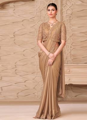beige shimmer satin georgette sequince & resham work tussar silk blend net with jacket designer blouse party wear saree  1