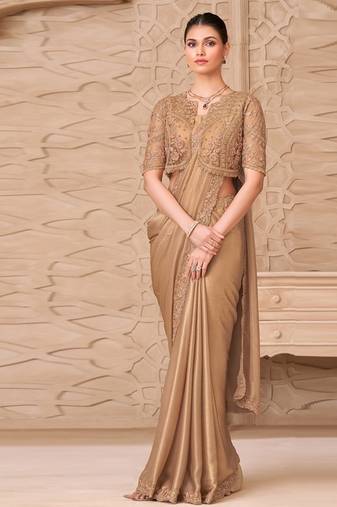 beige shimmer satin georgette sequince & resham work tussar silk blend net with jacket designer blouse party wear saree 