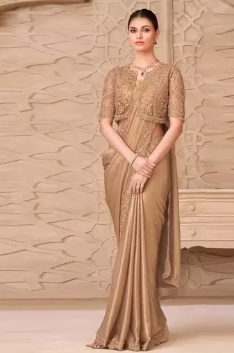 beige shimmer satin georgette sequince & resham work tussar silk blend net with jacket designer blouse party wear saree 