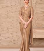 beige shimmer satin georgette sequince & resham work tussar silk blend net with jacket designer blouse party wear saree 