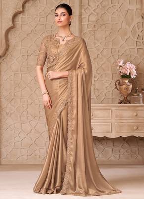 beige shimmer satin georgette sequince & resham work tussar silk blend net with jacket designer blouse party wear saree  2