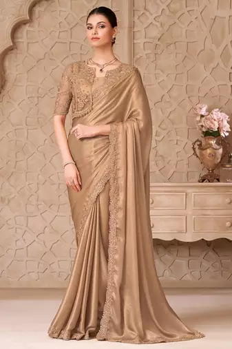 beige shimmer satin georgette sequince & resham work tussar silk blend net with jacket designer blouse party wear saree 