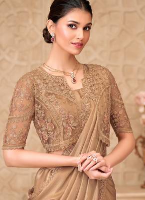 beige shimmer satin georgette sequince & resham work tussar silk blend net with jacket designer blouse party wear saree  3
