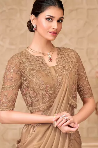 beige shimmer satin georgette sequince & resham work tussar silk blend net with jacket designer blouse party wear saree 