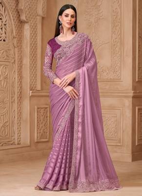 onion pink satin georgette sequince thread work heavy border tussar silk blend  designer blouse party wear saree 1