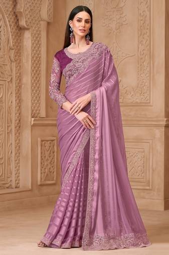 onion pink satin georgette sequince thread work heavy border tussar silk blend  designer blouse party wear saree
