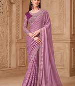 onion pink satin georgette sequince thread work heavy border tussar silk blend  designer blouse party wear saree