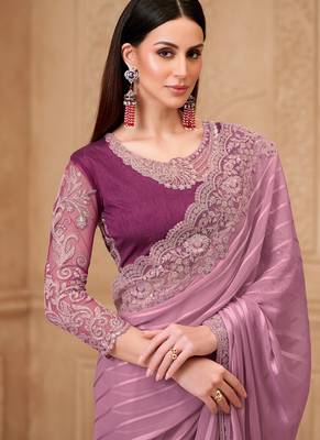 onion pink satin georgette sequince thread work heavy border tussar silk blend  designer blouse party wear saree 2