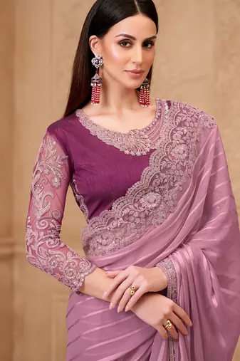 onion pink satin georgette sequince thread work heavy border tussar silk blend  designer blouse party wear saree