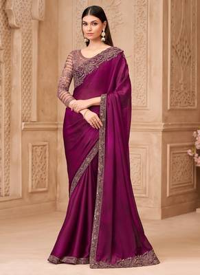wine satin georegtte sequince work tussur silk blend designer blouse party wear saree 1