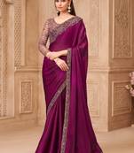 wine satin georegtte sequince work tussur silk blend designer blouse party wear saree