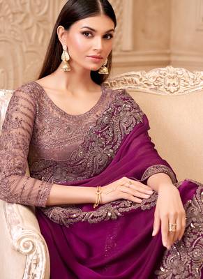 wine satin georegtte sequince work tussur silk blend designer blouse party wear saree 2