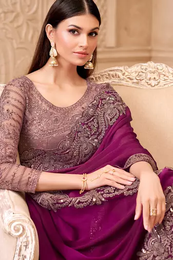 wine satin georegtte sequince work tussur silk blend designer blouse party wear saree