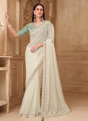 off-white georgette sequince & thread work satin silk blend designer blouse party wear saree 1