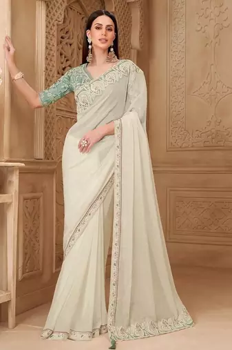 off-white georgette sequince & thread work satin silk blend designer blouse party wear saree