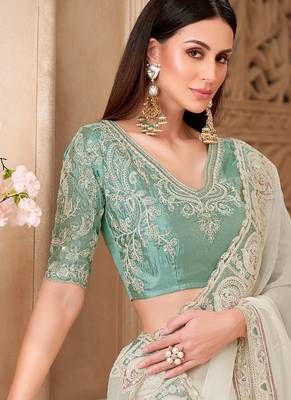 off-white georgette sequince & thread work satin silk blend designer blouse party wear saree 2