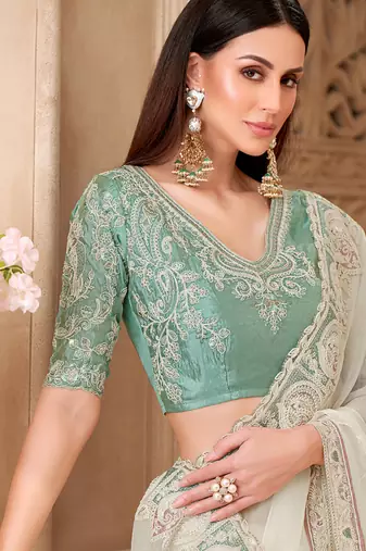 off-white georgette sequince & thread work satin silk blend designer blouse party wear saree