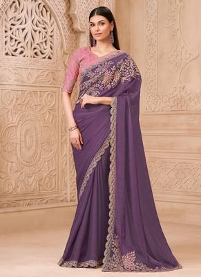 plum satin silk blend sequince & resham work satin silk blend designer blouse party wear saree 1