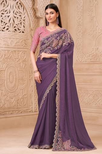 plum satin silk blend sequince & resham work satin silk blend designer blouse party wear saree