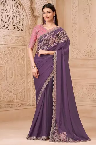 plum satin silk blend sequince & resham work satin silk blend designer blouse party wear saree