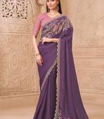 plum satin silk blend sequince & resham work satin silk blend designer blouse party wear saree