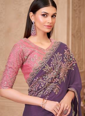 plum satin silk blend sequince & resham work satin silk blend designer blouse party wear saree 3