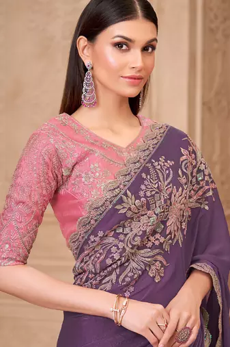 plum satin silk blend sequince & resham work satin silk blend designer blouse party wear saree