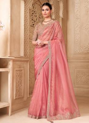 peach  tissue oraganza sequince & resham work satin silk blend designer blouse party wear saree 1